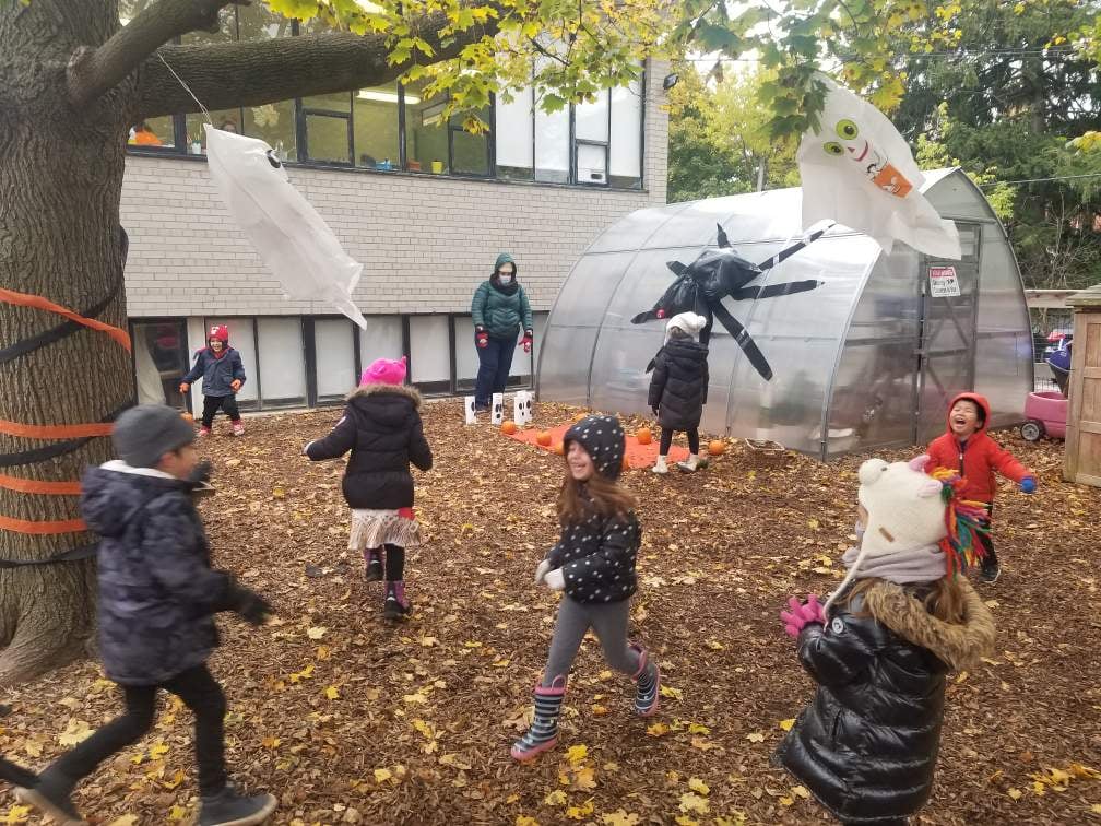 Students playing in halloween themed back yard
