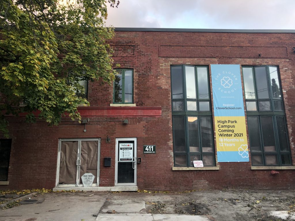 The building’s original brick facade.