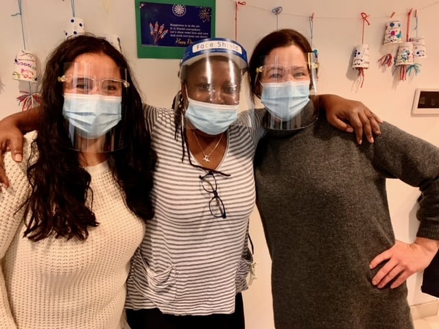 Ms. Karen Brown, Ms. Jennifer Blazek and Ms. Isabel Galvez wearing masks