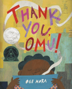 Image of the cover of the children's book, "Thank You Omu!" There's a child smelling a bowl of stew on the cover. 